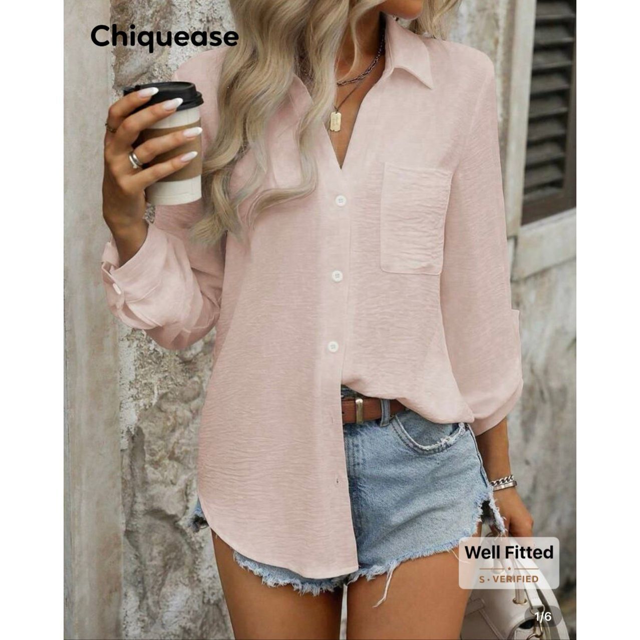 Shein Chiquease Casual Solid Color Pocket Button-Up Collared Long Size M / US 6-8 / IT 42-44 - 6 Thumbnail