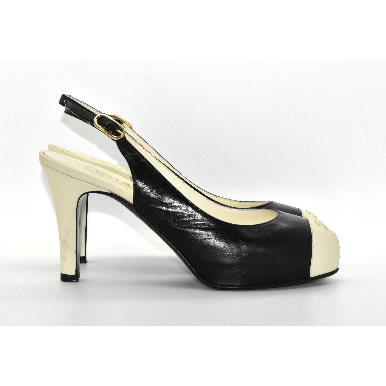 Chanel CHANEL Cap Toe Stitched Logo Leather Slingback Pump Sz 37.5 Size US 7 / IT 37 - 2 Thumbnail