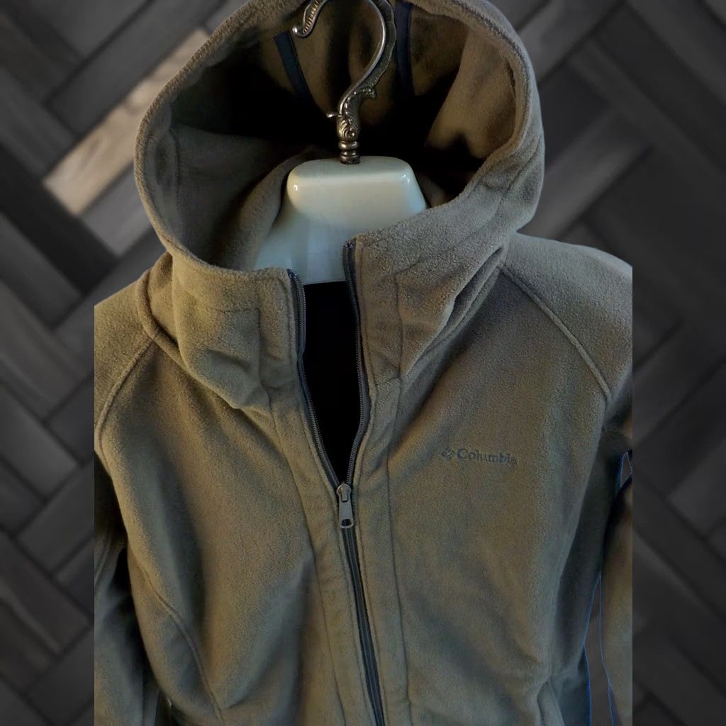 Vintage Columbia Zip Front Fleece Hooded Coat Khaki LARGE Polyester Women's Size L / US 10 / IT 46 - 1 Thumbnail