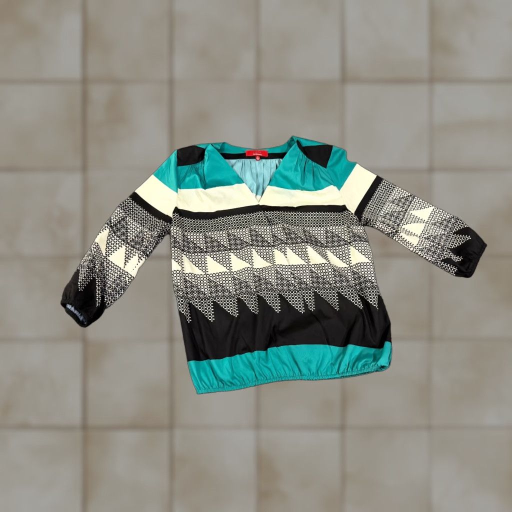 Saks Fifth Avenue Saks Fifth Avenue Blouse Womens Small Teal Black Geometric Long Sleeve V-Neck Pullover Casual Shirt Adult Womens Regular Size S Black Geometric Blouse Size S / US 4 / IT 40 - 1 Thumbnail
