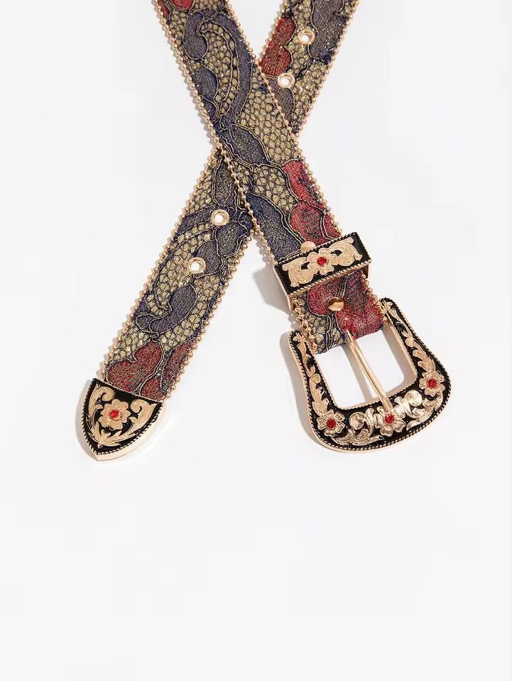 Japanese Brand Western Floral Tapestry Belt - Gold Ornate Buckle 122 cm Size 32 - 3 Thumbnail