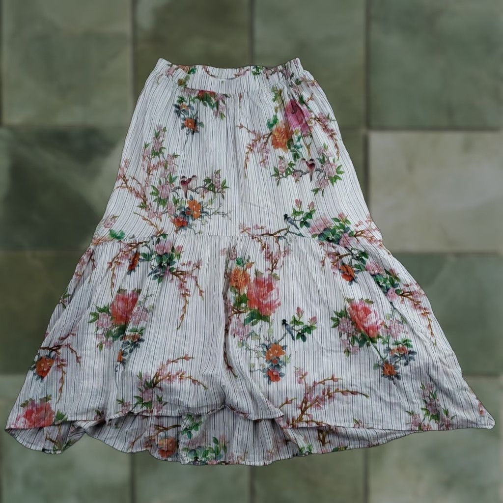 Johnny Was Skirt Maxi Womens Medium White Floral Prairie Tiered Lined Elastic Waist Pull On