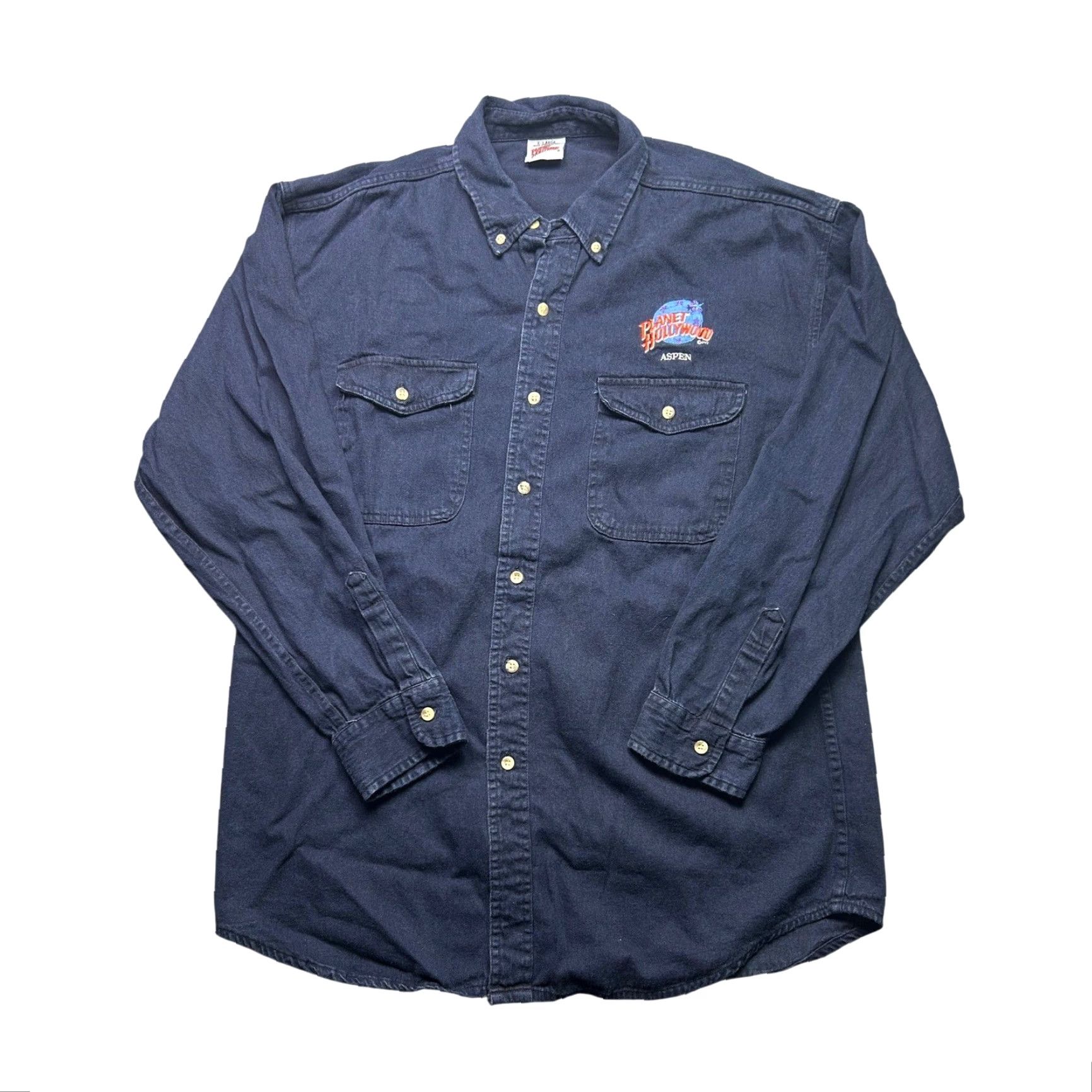 Planet Hollywood VINTAGE Planet Hollywood Aspen Button-Up Shirt XL Navy Embroidered Logo, Cotton Twill, Long Sleeve, Button-Down, Casual Mens, 90s Retro Size US XL / EU 56 / 4 - 2 Thumbnail