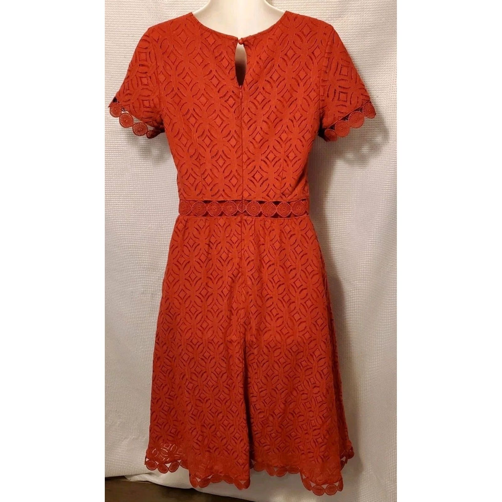Vintage Jessakae Dress Midi Red Crochet Lined Bohemian Geometric Short Sleeve Round Neck Zip Button S Small Women's Vintage No Size S / US 4 / IT 40 - 4 Thumbnail