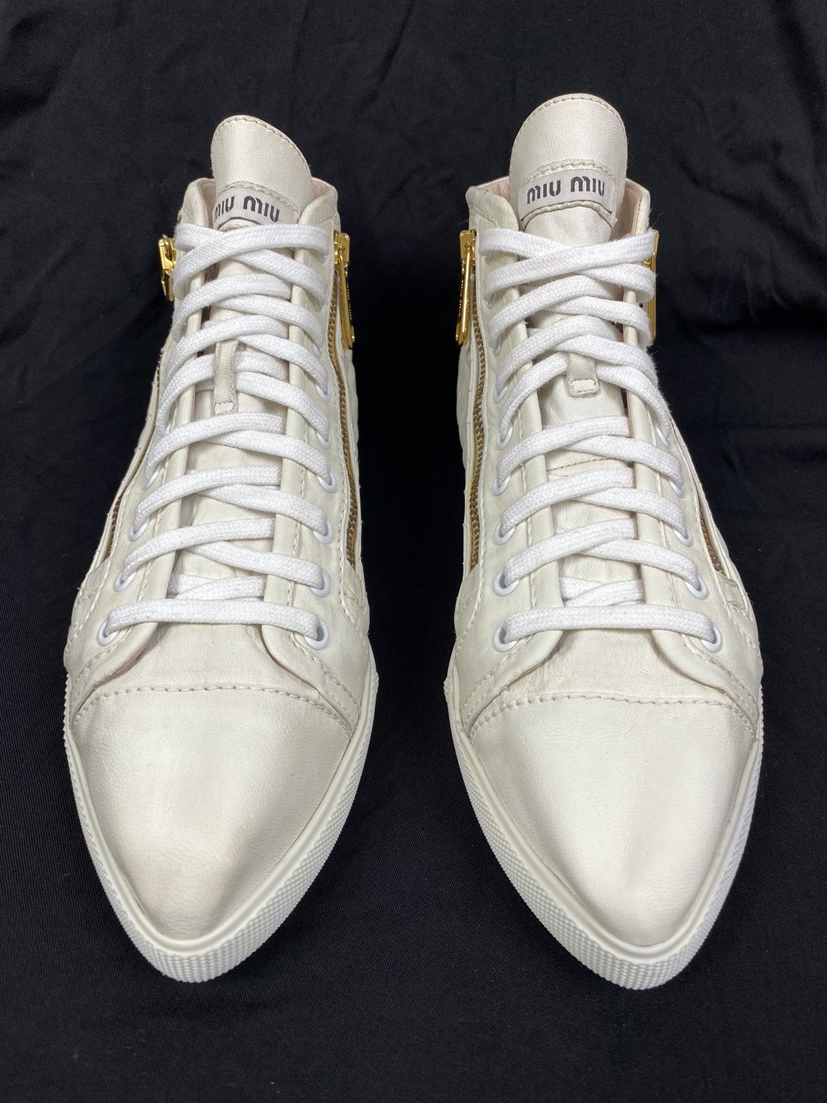 Miu Miu Miu Miu Pointed Toe White Leather Lace up High top Sneakers Size US 7 / IT 37 - 2 Thumbnail