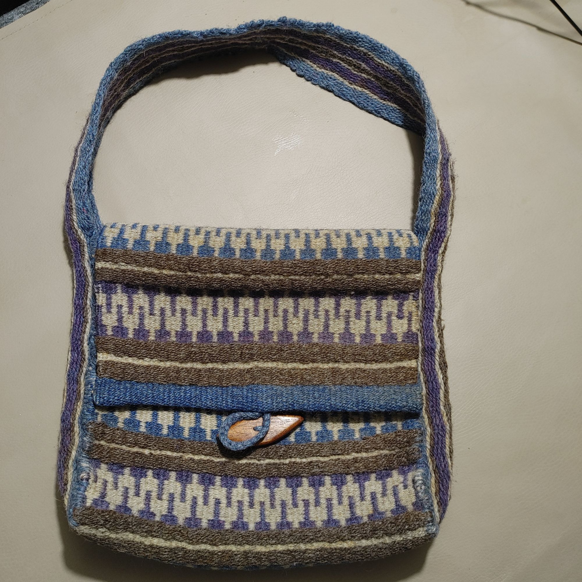 Other Handwoven Wool Shoulder Bag Blue White Brown Stripes Wood Bu Size ONE SIZE - 7 Thumbnail
