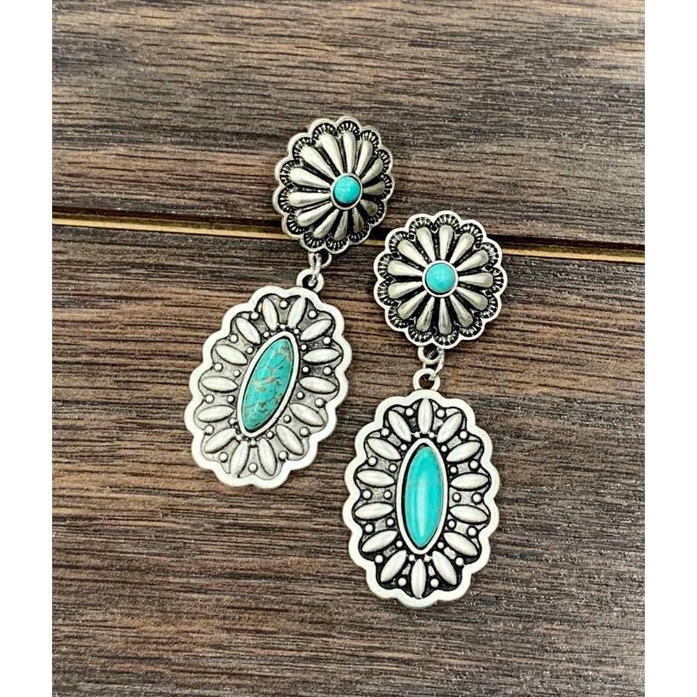 Other Concho Turquoise Brass Post Earrings 2.2 Inches Long Antique Size ONE SIZE - 3 Thumbnail