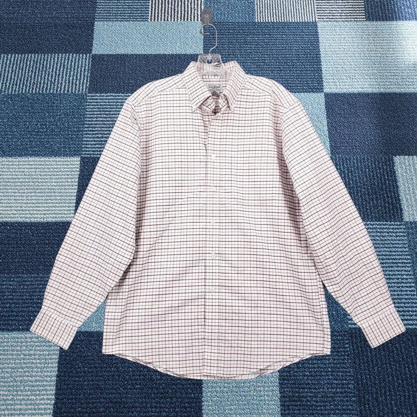 Vintage LL Bean Shirt Mens 15 34 White Plaid Wrinkle Resistant Button Down Dress Preppy Size 40R - 1 Thumbnail