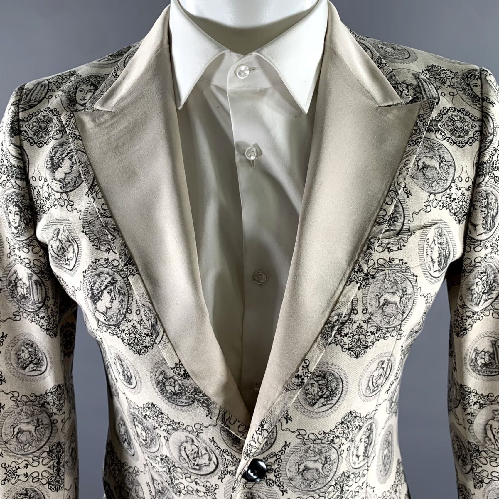 Dolce & Gabbana DOLCE & GABBANA Size 38 Cream Black Greca Cotton Blend Peak Lapel Sport Coat Blazer Coat Mens Size 38R - 2 Thumbnail