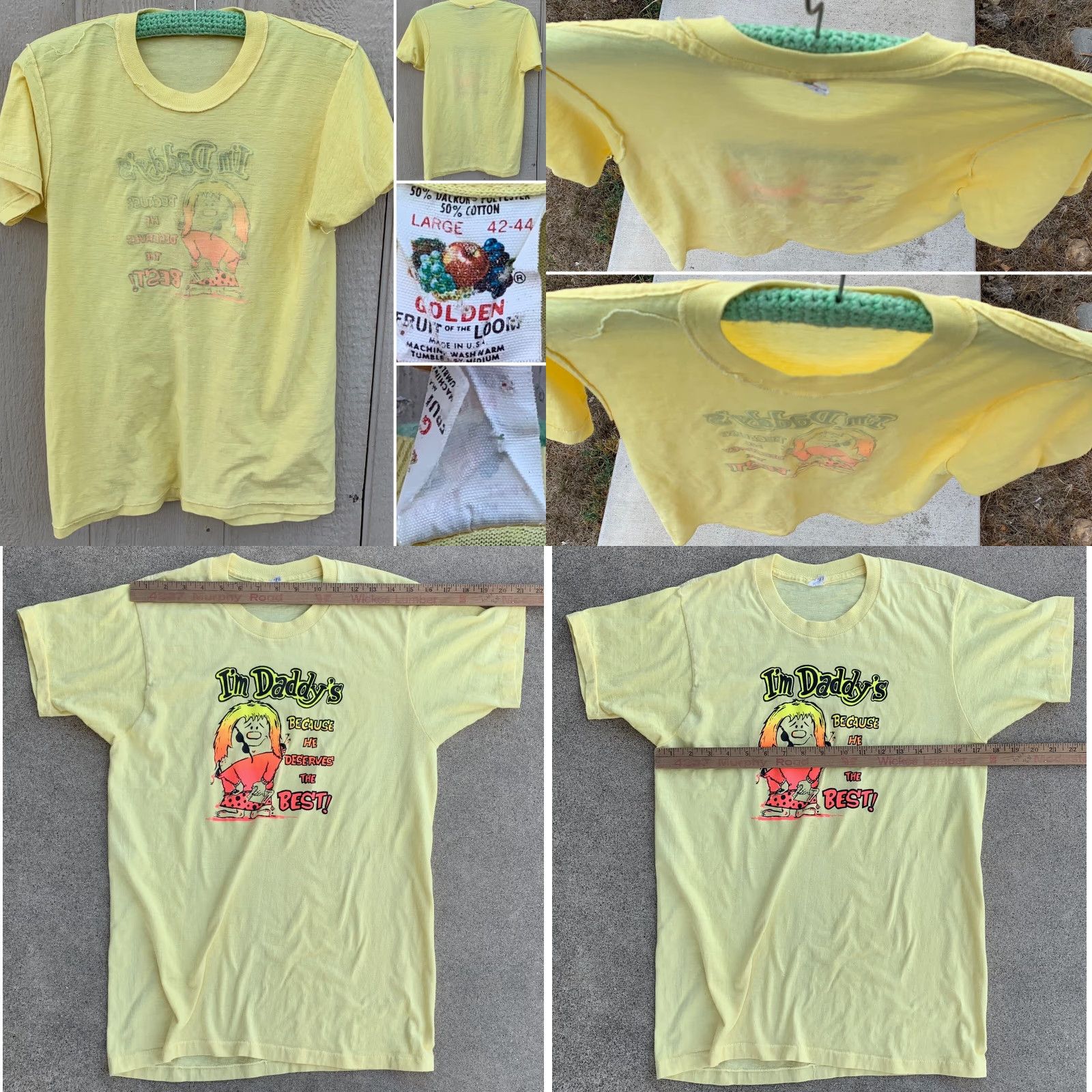 Fruit Of The Loom VINTAGE Im Daddys Because He Deserves The Best iron on graphics t shirt 1970s L Fruit of the Loom Yellow Neon graphic tee Mens Womens Boys Girls 1970s Size US L / EU 52-54 / 3 - 8 Thumbnail