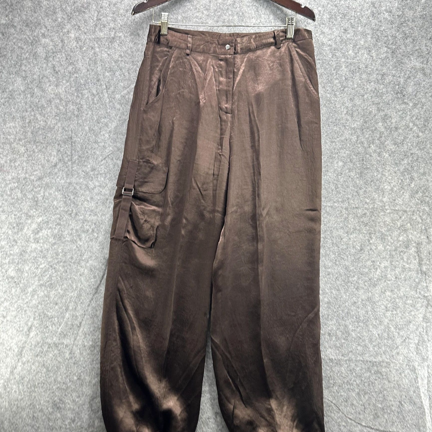 Vintage Spenser Jeremy Pants Womens 12 Brown Cargo Jogger Pleated Zip Fly Elastic Satin Tapered Pockets Cuffed Size 34" / US 12 / IT 48 - 3 Thumbnail