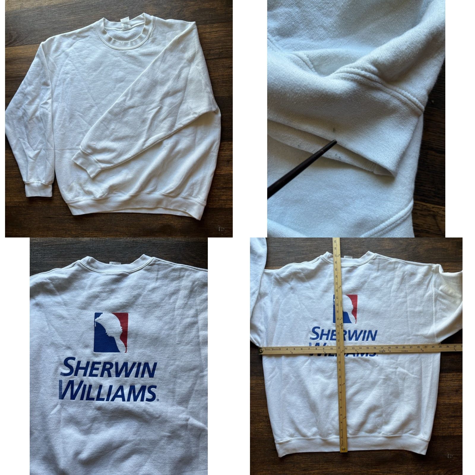Gildan Men's Sherman Williams Sweatshirt White Spell-Out XL PILLING Crew Workwear Paint Size US XL / EU 56 / 4 - 8 Thumbnail