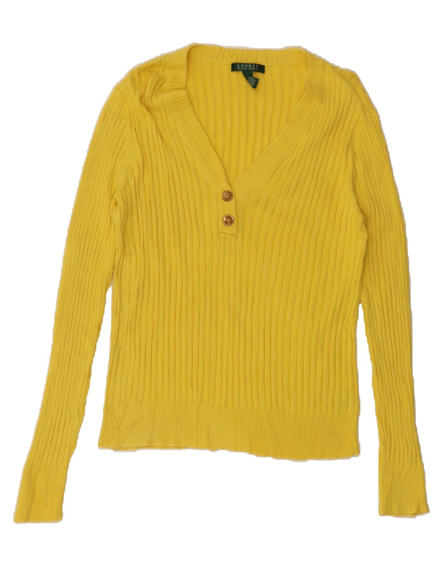 Ralph Lauren Womens V-Neck Jumper Sweater UK 14 Large Yellow Cotton Size L / US 10 / IT 46 - 1 Thumbnail