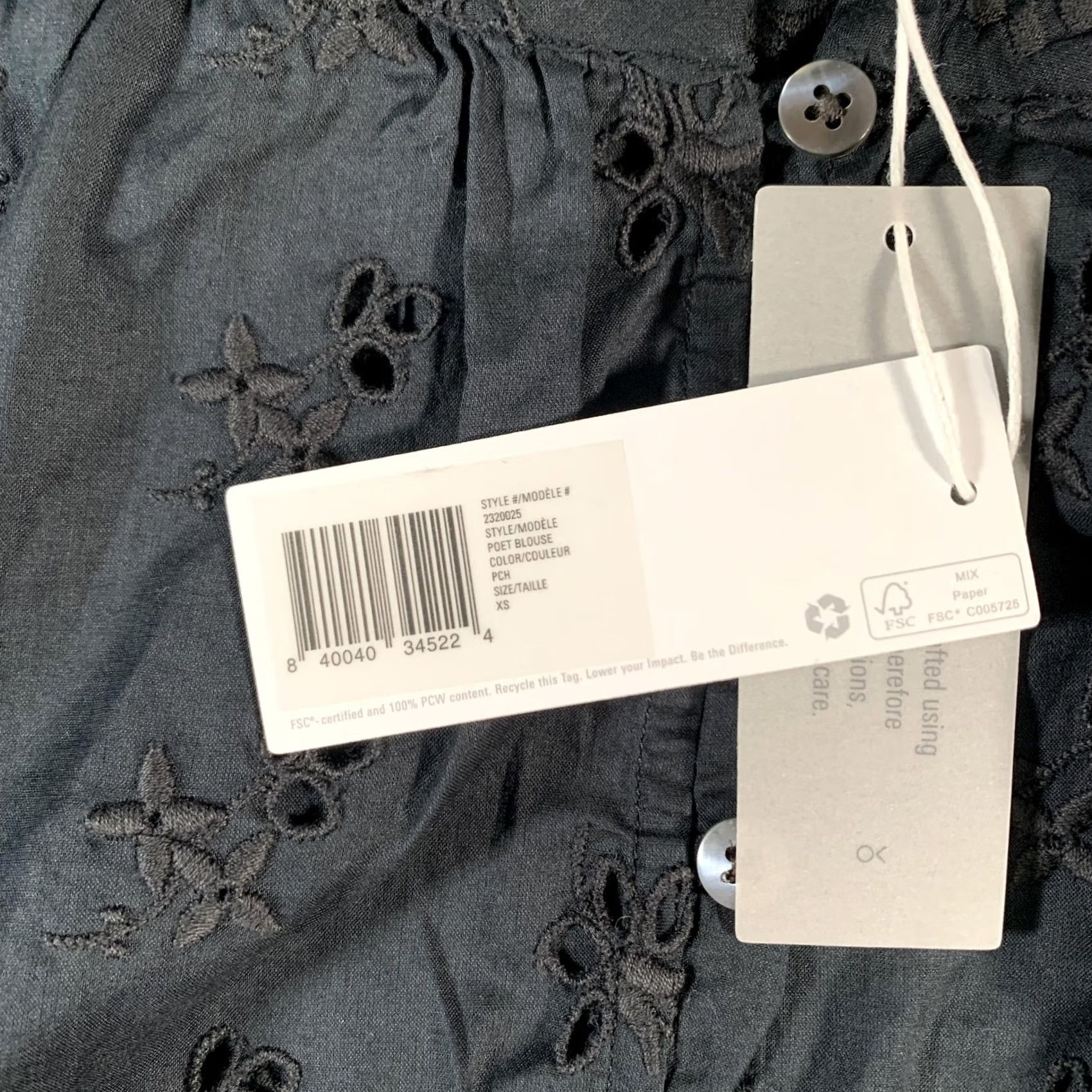 Outerknown Outerknown Poet Blouse Womens XS Black Eyelet Embroidered Top Organic Cotton Size XS / US 0-2 / IT 36-38 - 5 Thumbnail
