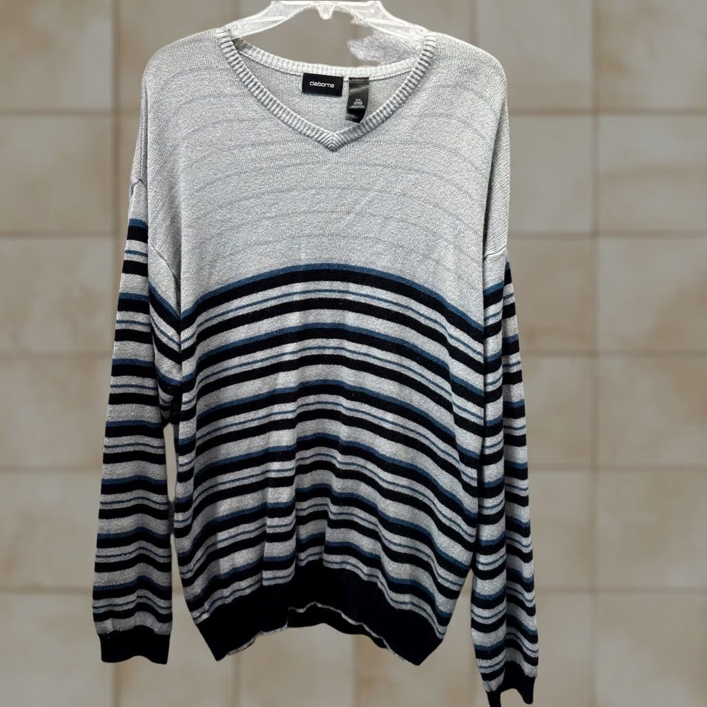 Liz Claiborne Claiborne Sweater Mens 2XL Gray Striped Silk Wool V-Neck 90s Knit Pullover Vintage​ Size US XXL / EU 58 / 5 - 1 Thumbnail