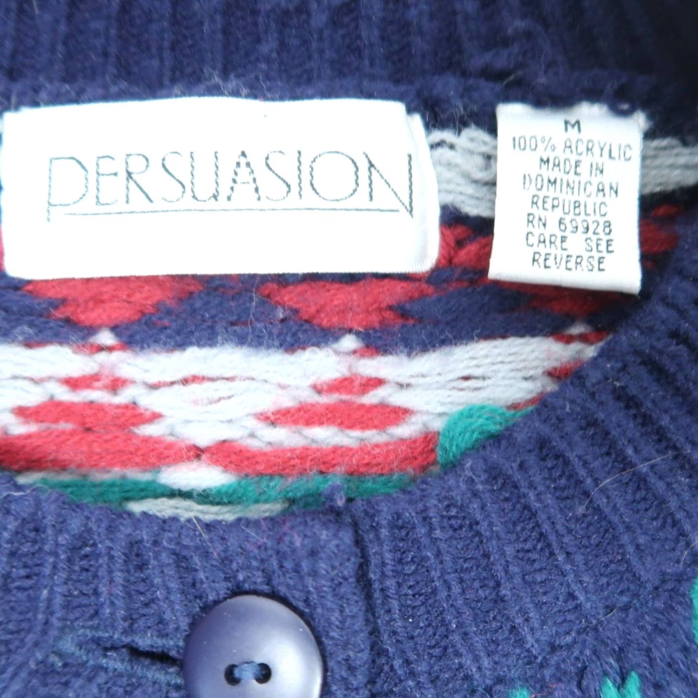 Vintage VINTAGE Persuasion Cardigan Sweater Geometric Knit Navy Blue Teal M Womens 90s Size M / US 6-8 / IT 42-44 - 5 Thumbnail