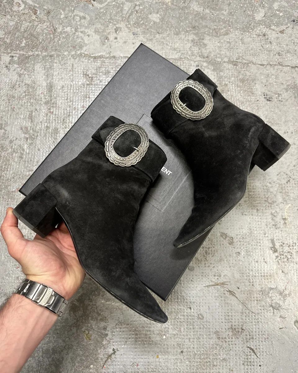 Saint Laurent Paris Saint Laurent Navy Suede Ankle Metallic Buckle Boots Size US 7 / IT 37 - 1 Thumbnail