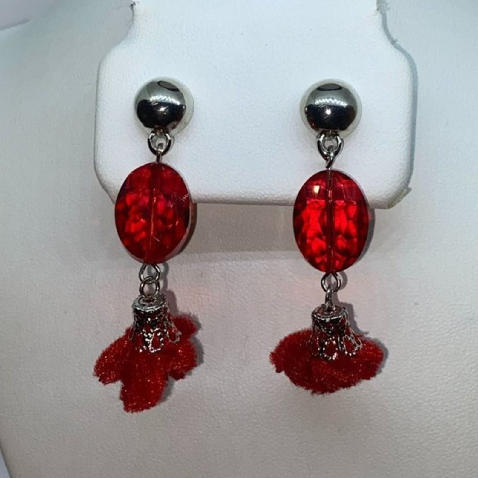 Handmade Silver-Tone Red Beaded & Pom-Pom Dangle Earrings Size ONE SIZE - 1 Thumbnail