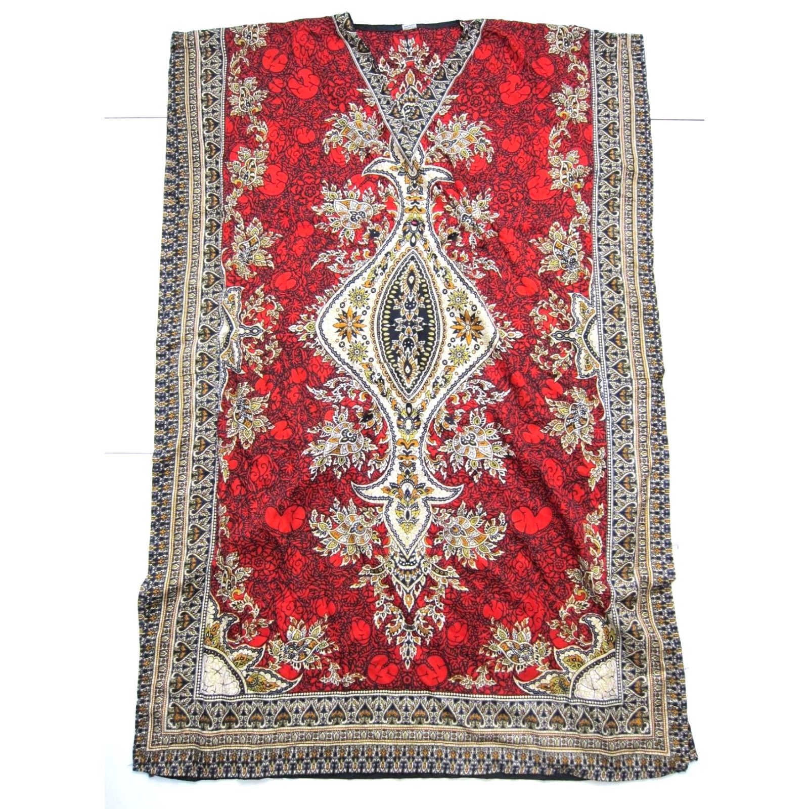 Vintage VINTAGE India 100% Rayon Red Floral Long Maxi Kaftan Muumuu Dress OS Size ONE SIZE - 2 Thumbnail