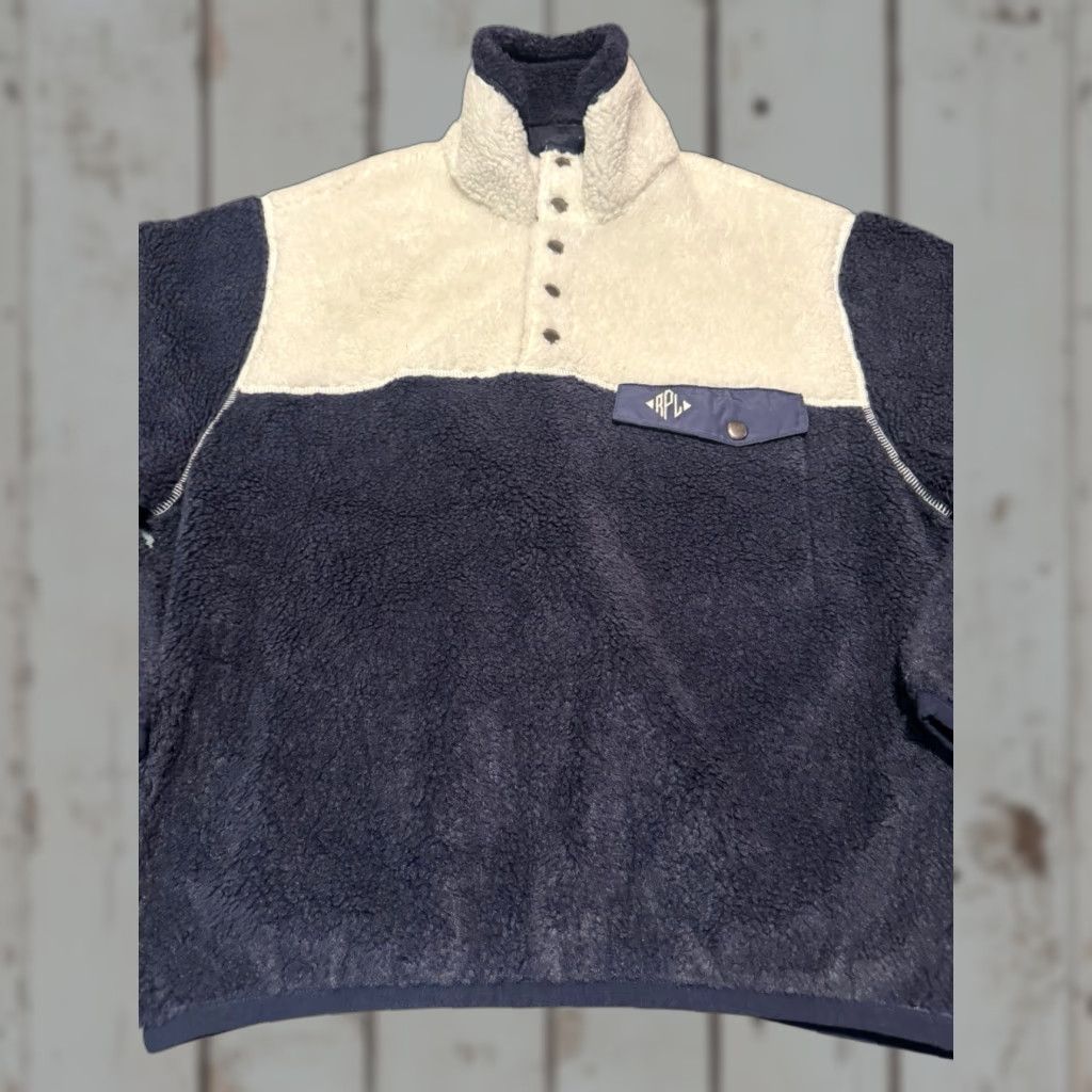 Polo Ralph Lauren Sweatshirt 1/4 Zip Snap Pullover Small Blue/White Classic Unisex Adults Long Sleeve Knit Cotton Fleece Logo 2020s