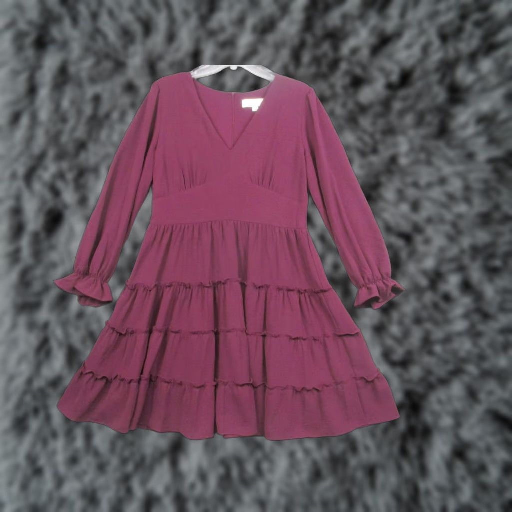 Vintage Emma & Michele Dress Womens 6 Purple Long Sleeve Tiered Ruffle Fit Flare Size M / US 6-8 / IT 42-44 - 1 Thumbnail