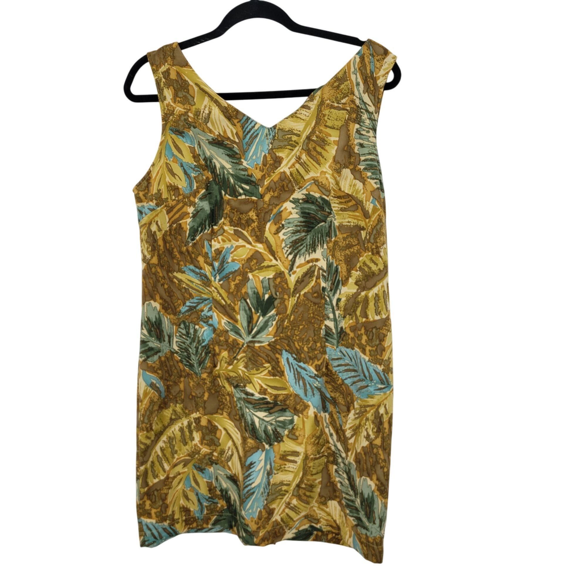 Vintage Vtg Mini Shift Dress Sz 10 Leaf Print Sleeveless V-Neck Brow Size L / US 10 / IT 46 - 2 Thumbnail