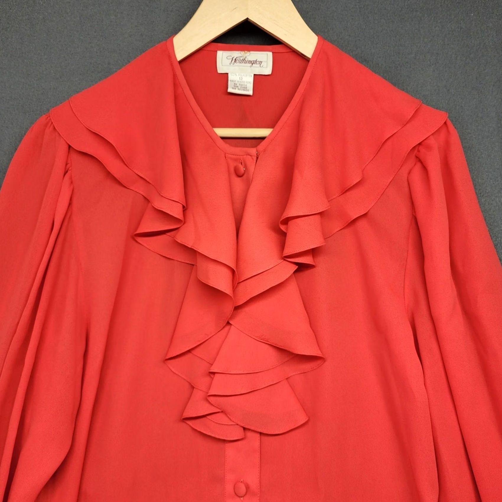 Worthington VINTAGE Worthington Blouse Womens L Red Long Sleeve Button Up Collar - Polyester, Solid, Ruffle, 12, Hong Kong, Regular, Womens Size L / US 10 / IT 46 - 7 Thumbnail