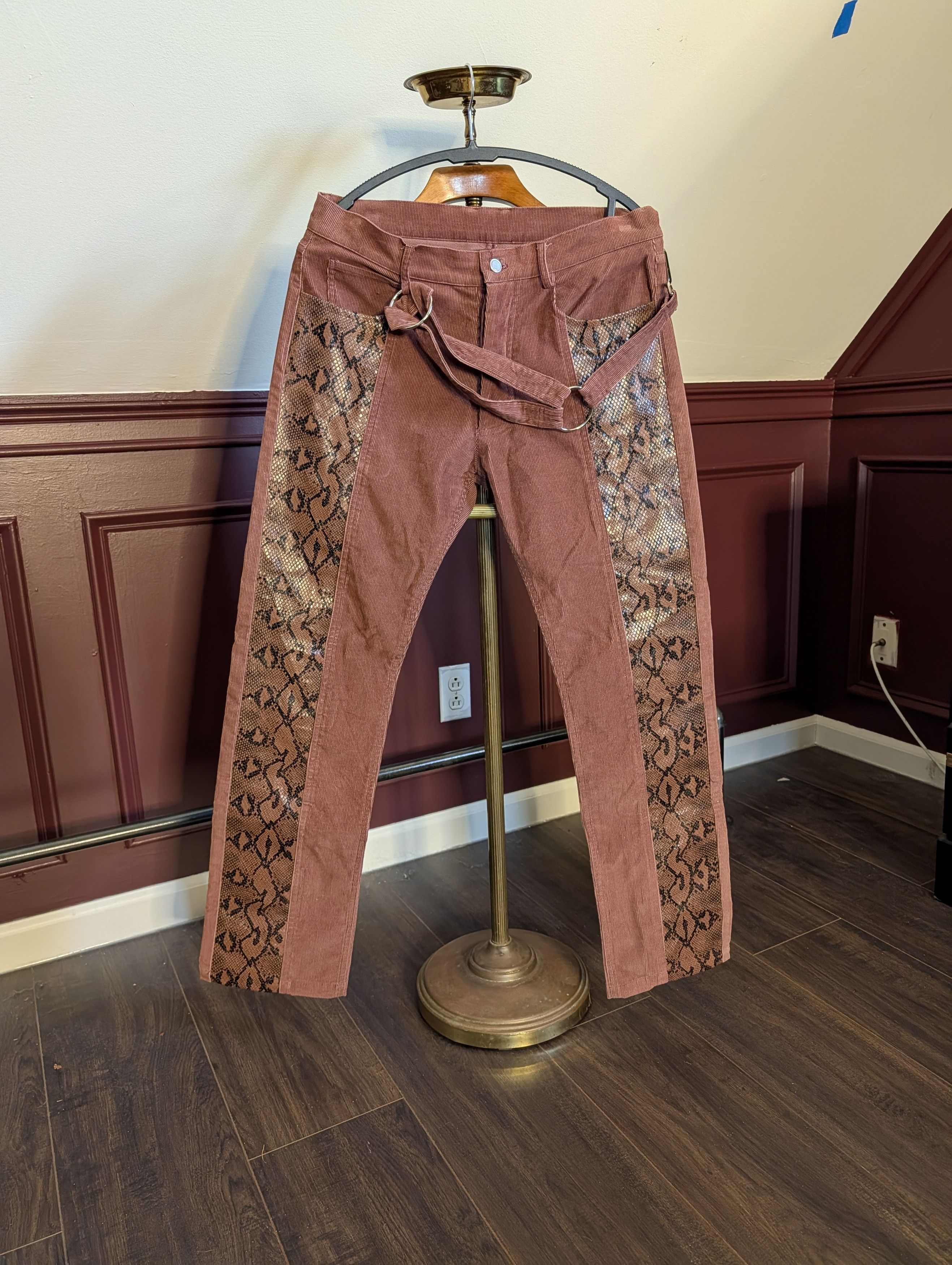 PRIVATE POLICY corduroy snakeskin bondage strap pants