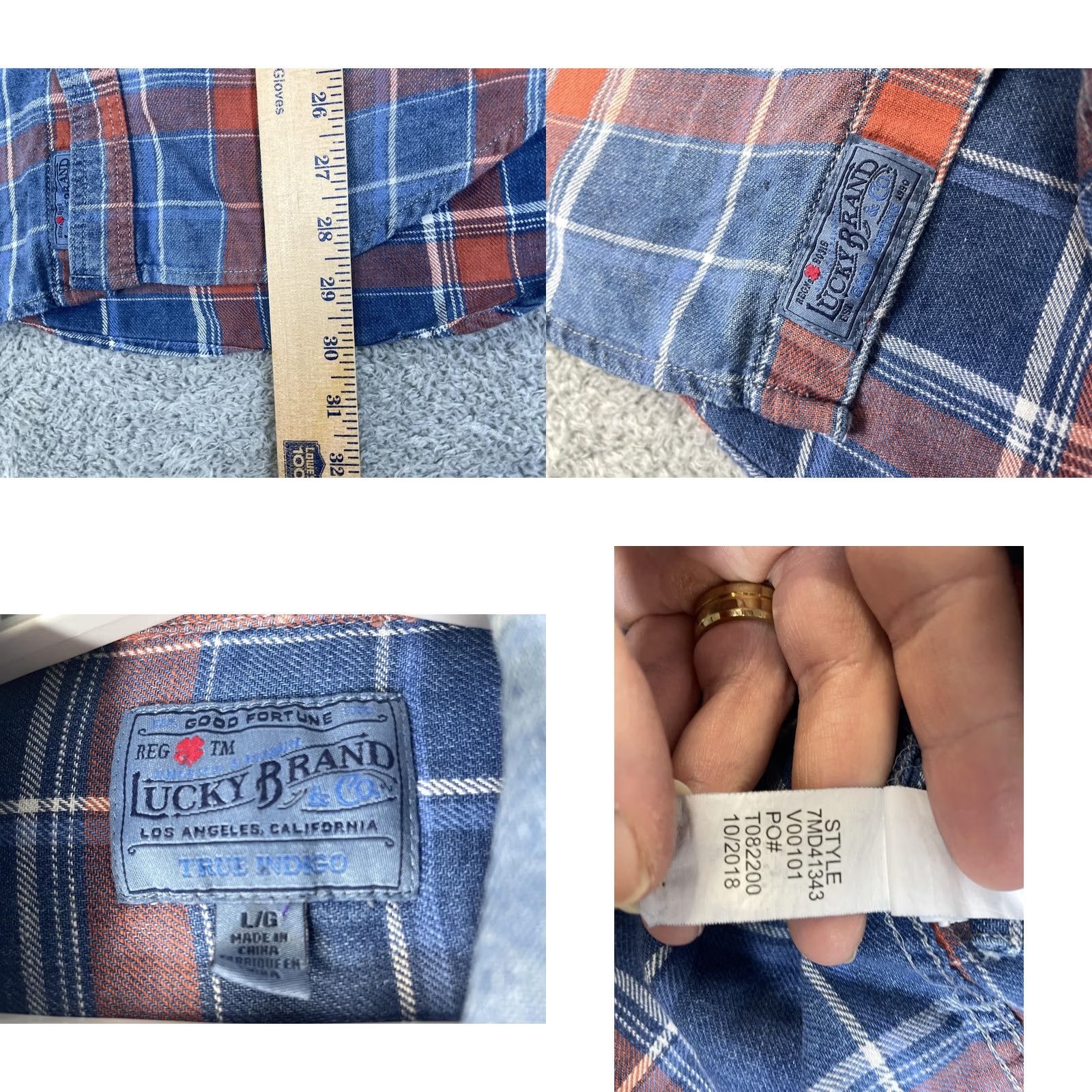 Lucky Brand VINTAGE Lucky Brand Shirt Mens Large Blue Orange Plaid Flannel True Indigo 7MD41343 Size US L / EU 52-54 / 3 - 8 Thumbnail