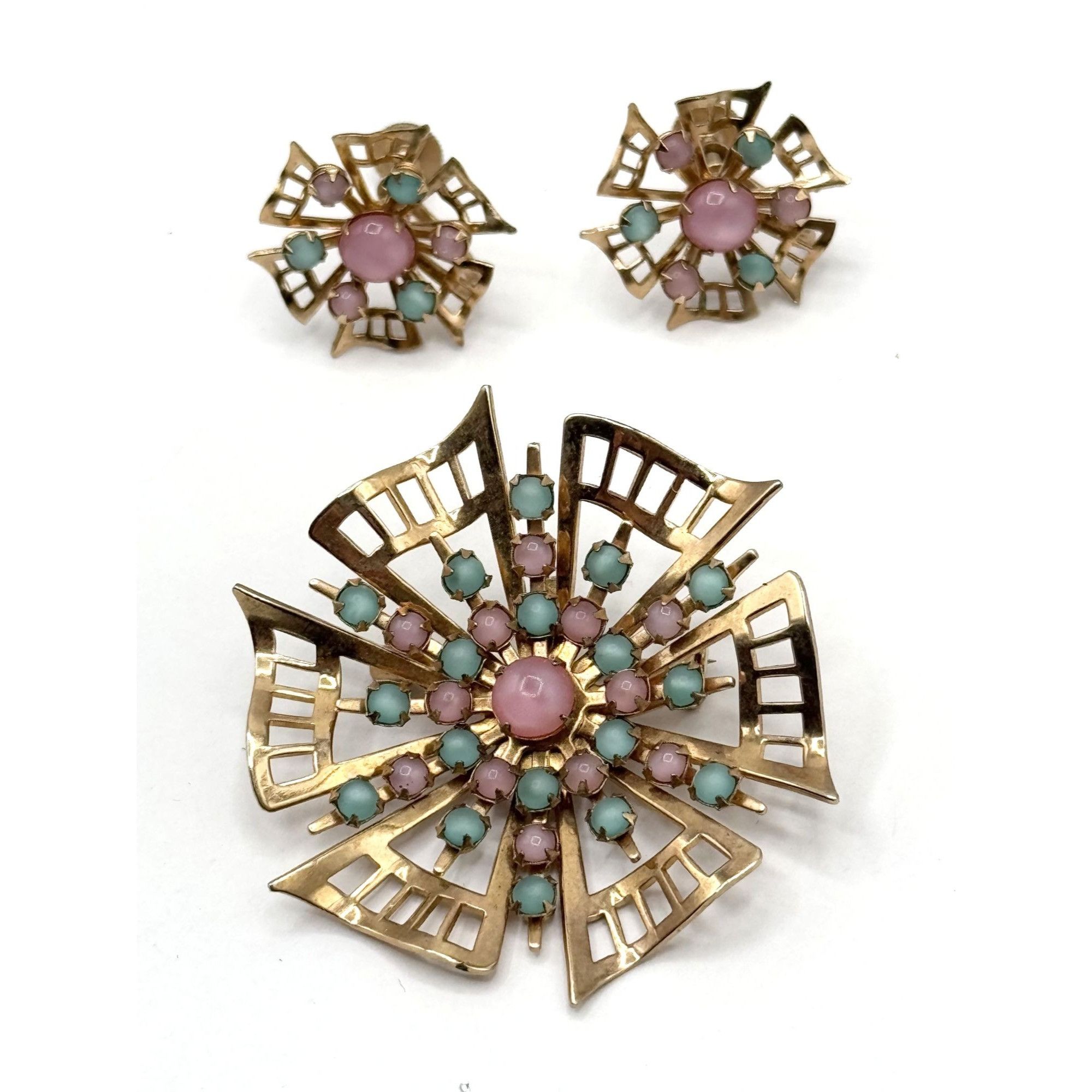 Vintage Vintage pink and blue glass filigree flower brooch pin and e Size ONE SIZE - 1 Thumbnail