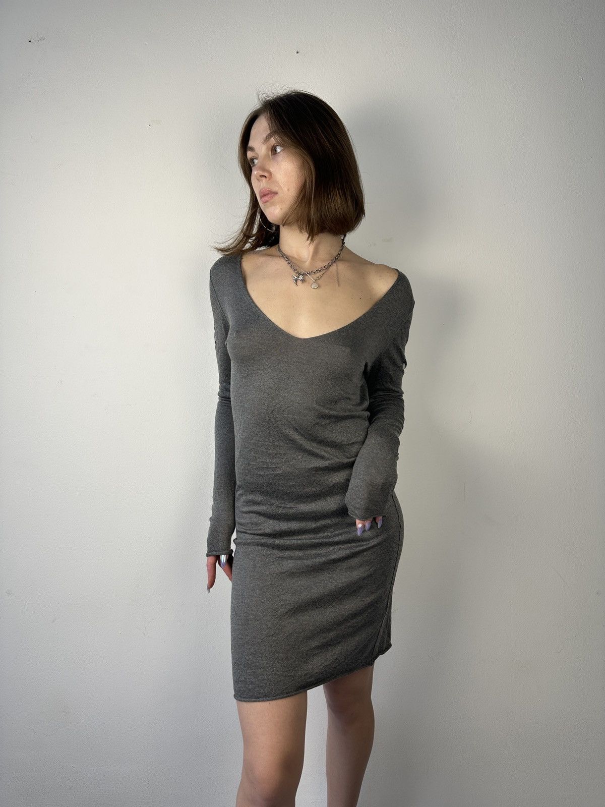 Zadig & Voltaire ZADIG & VOLTAIRE Grey V-Neck Dress Chevron Rhinestone Studs Size L / US 10 / IT 46 - 2 Thumbnail