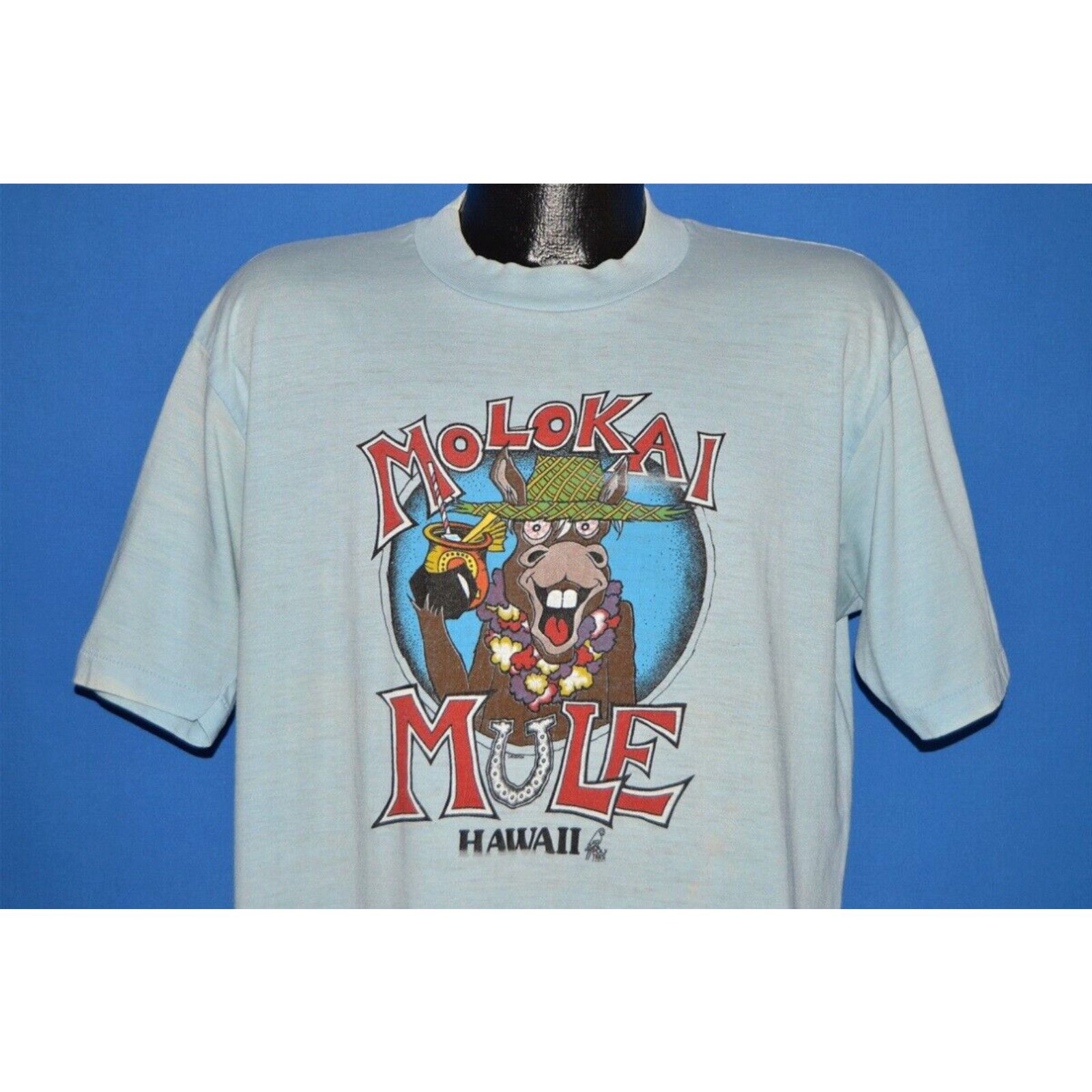 Image of Vintage VTG Molokai Mule Hawaii Poly Tees Sunstrokes Blue Lei Luau Cocktail T-Shirt XL in White