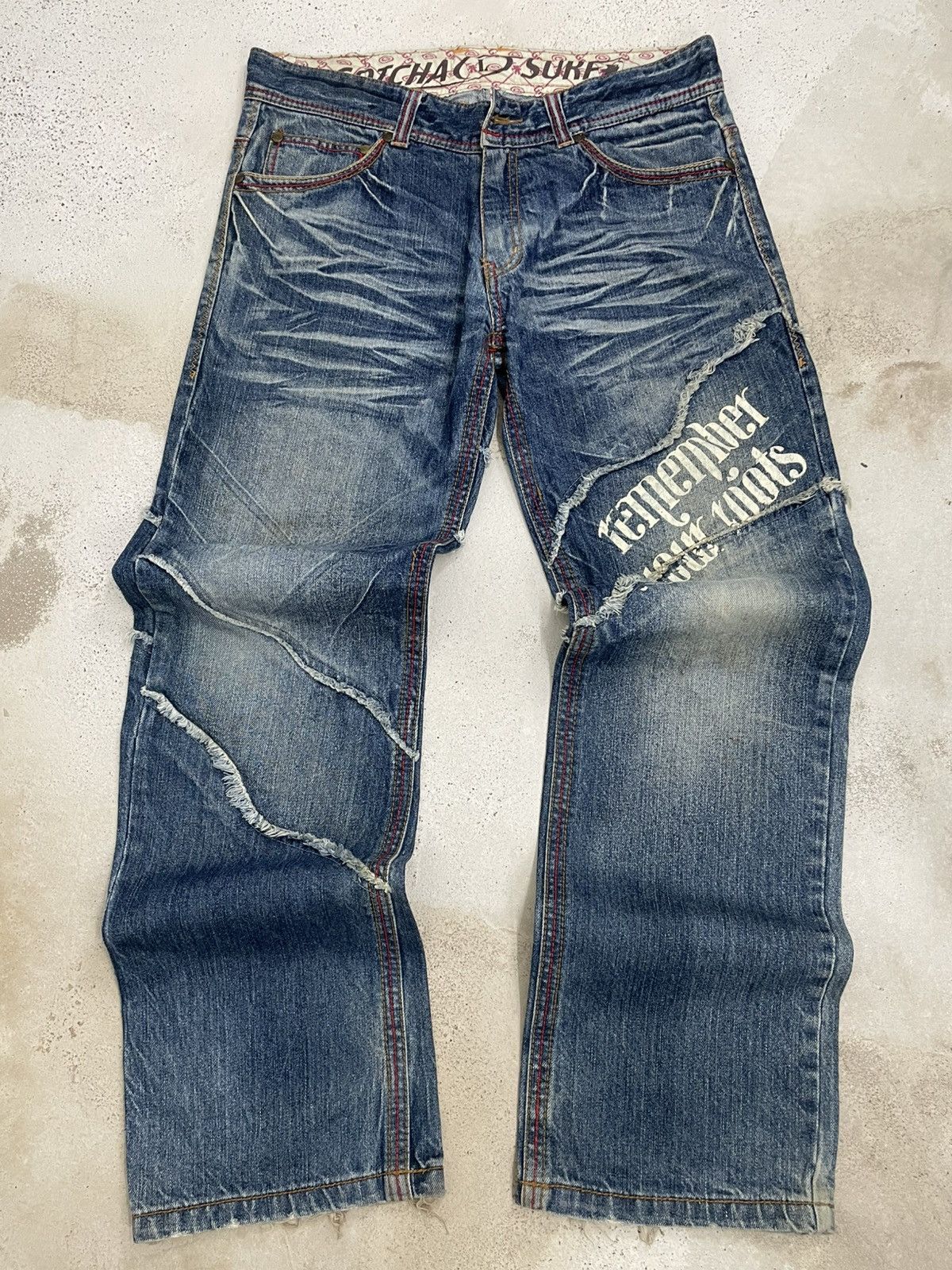 Japanese Brand Vintage 90’s Sur Wear Gotcha Famous Remember Our Roots Denim Size US 33 - 1 Thumbnail
