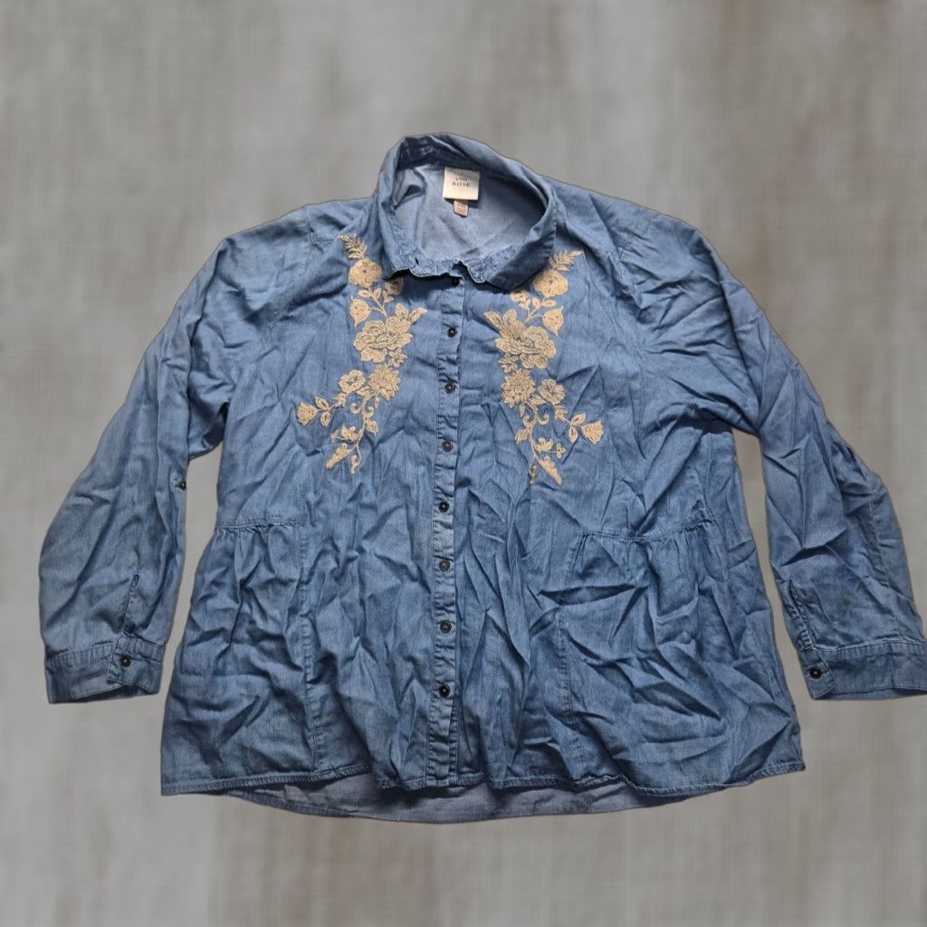 Vintage VINTAGE Knox Rose Bohemian Blouse Shirt Women’s 2XL Long Sleeve Chambray Floral Embroidered Ruffle Casual Size XXL / US 16-18 / IT 52-54 - 1 Thumbnail