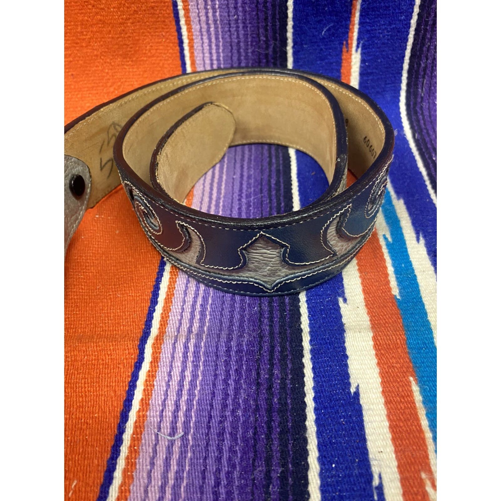 Tony Lama VINTAGE Tony Lama Leather Belt & Matching Belt Buckle Blue & Gray Size 28 USA Belt Buckle Leather Blue Gray 28 Tony Lama USA Adult Unisex Size ONE SIZE - 2 Thumbnail