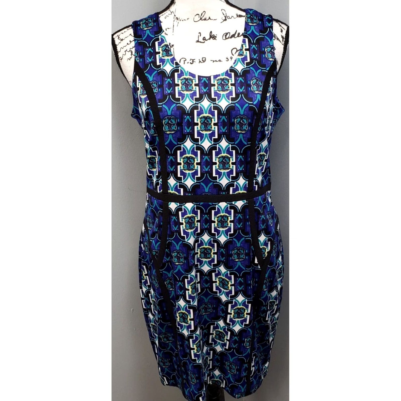 Andrew Marc Andrew Marc Sheath Dress Women Size 10 Multicolor Geometric Black Trimming Midi Sleeveless Scoop Neck Size L / US 10 / IT 46 - 2 Thumbnail