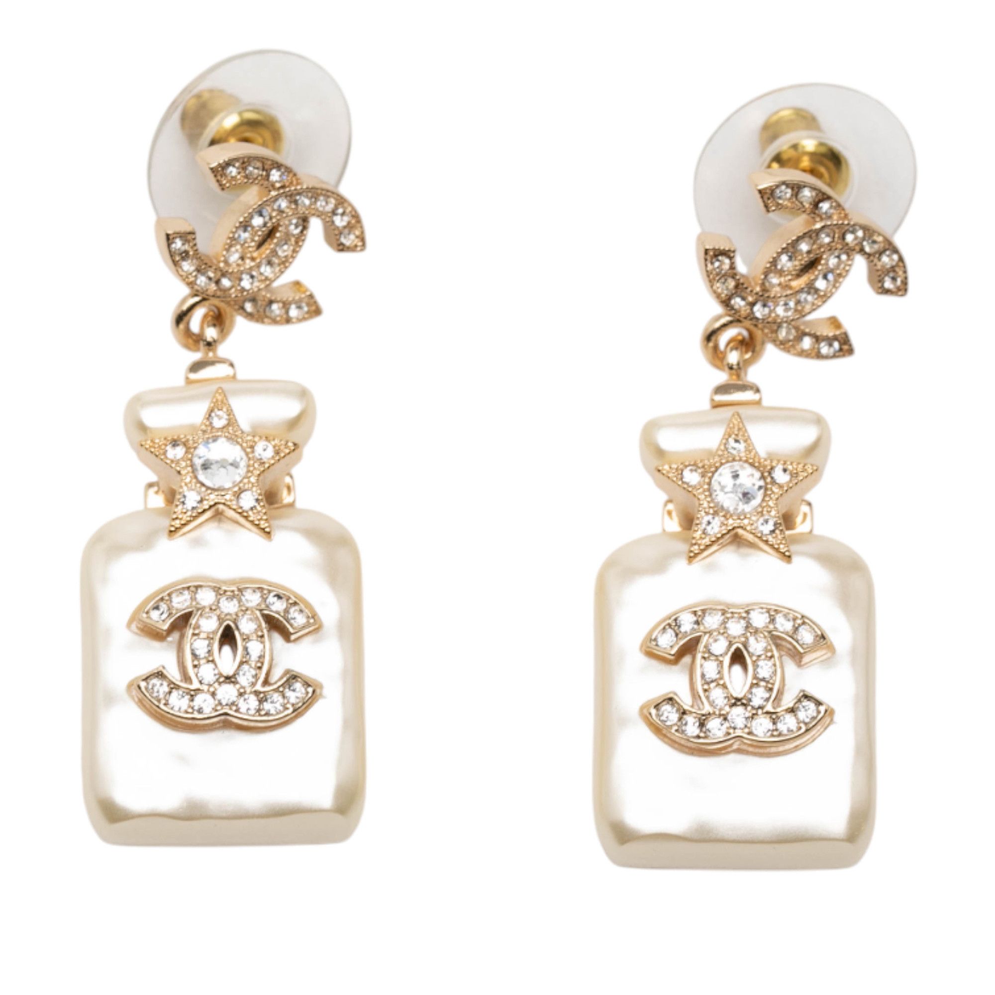 Chanel CC Gold Plated and Resin Pearl Crystal Perfume Bottle Drop Earrings