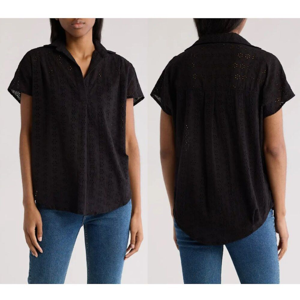 French Connection NWT New French Connection Rhodes Eyelet Black Cotton Top Bl Size L / US 10 / IT 46 - 1 Thumbnail