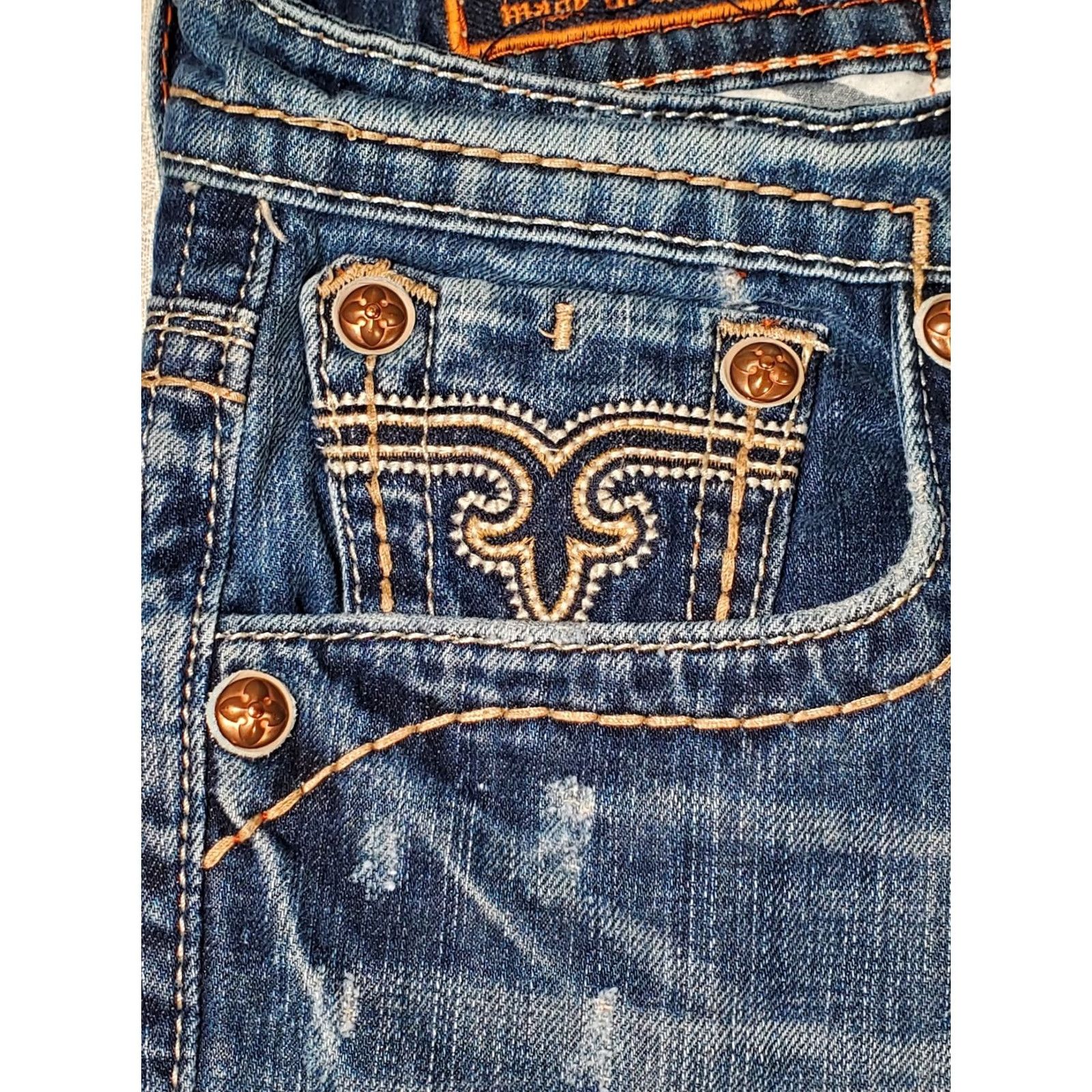 Vintage Rock Revival Xavier Straight Jeans Blue Distressed Embroidered Button Pockets Men's 33 Jeans Size US 33 - 4 Thumbnail