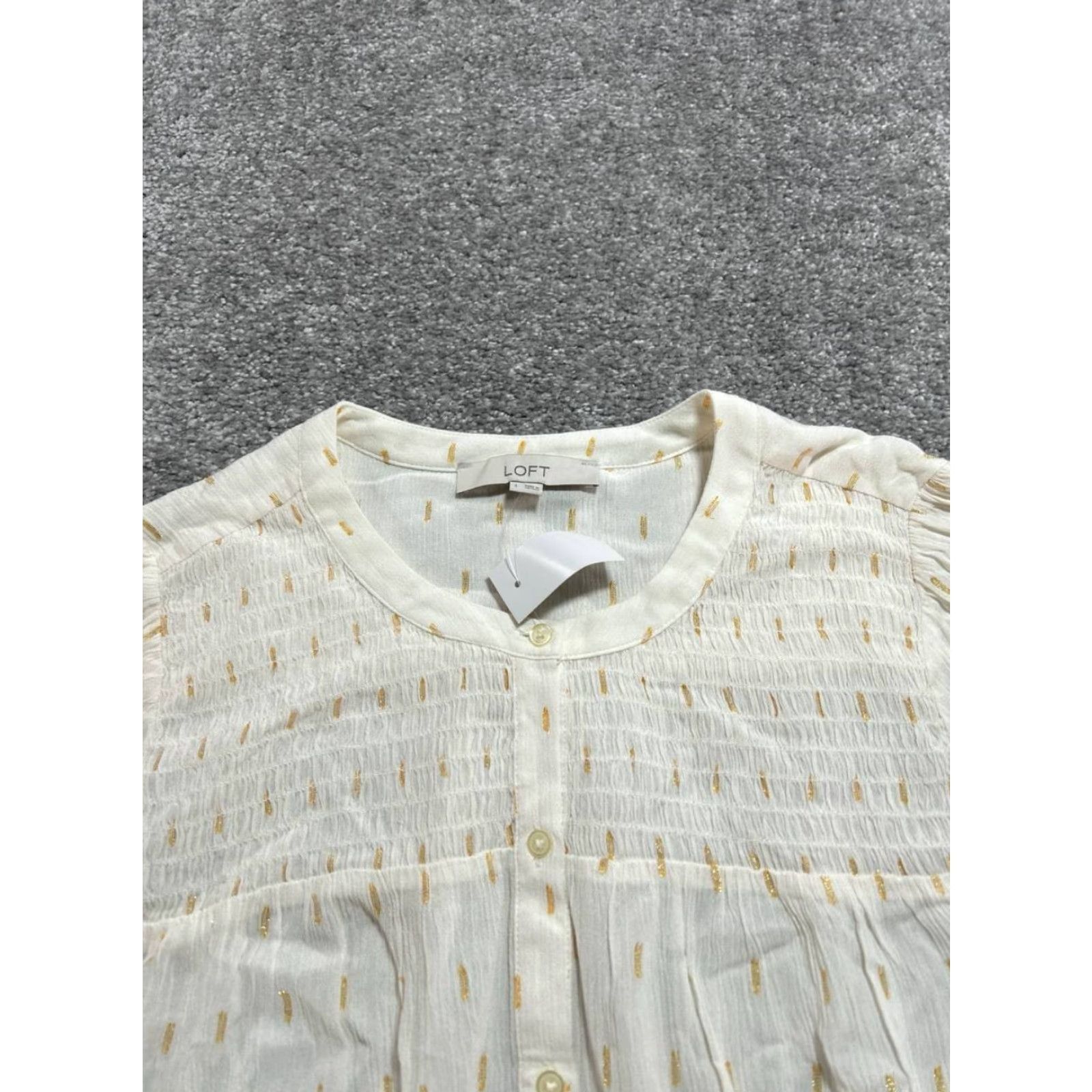 Loft Loft Blouse Top Womens Large Beige Metallic Vertical Dashed Smocked Detail New Size L / US 10 / IT 46 - 3 Thumbnail