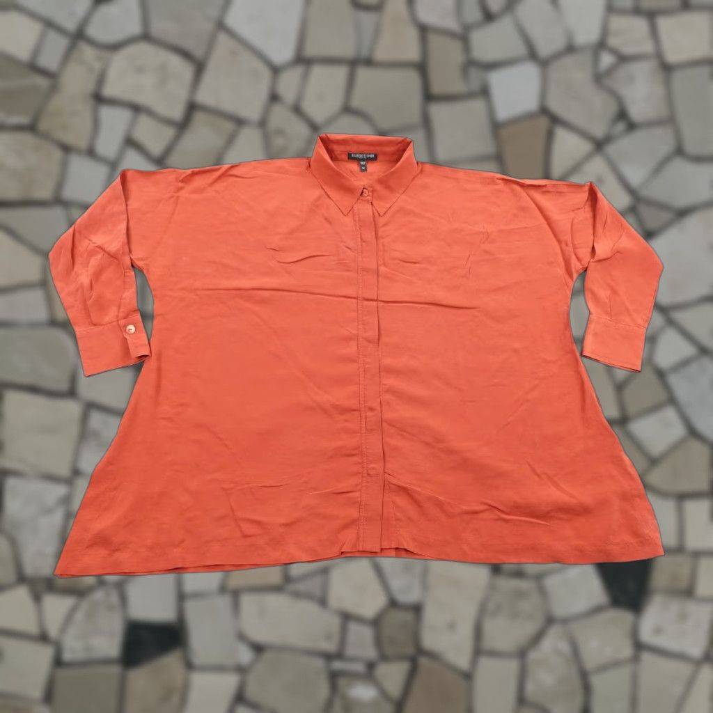 Eileen Fisher Eileen Fisher Shirt Womens PP Orange Silk Button Front Tunic Top Blouse Collared Long Sleeve Solid Button All Seasons Breathable Lightweight Relaxed Size XXS / US 00 / IT 34 - 1 Thumbnail