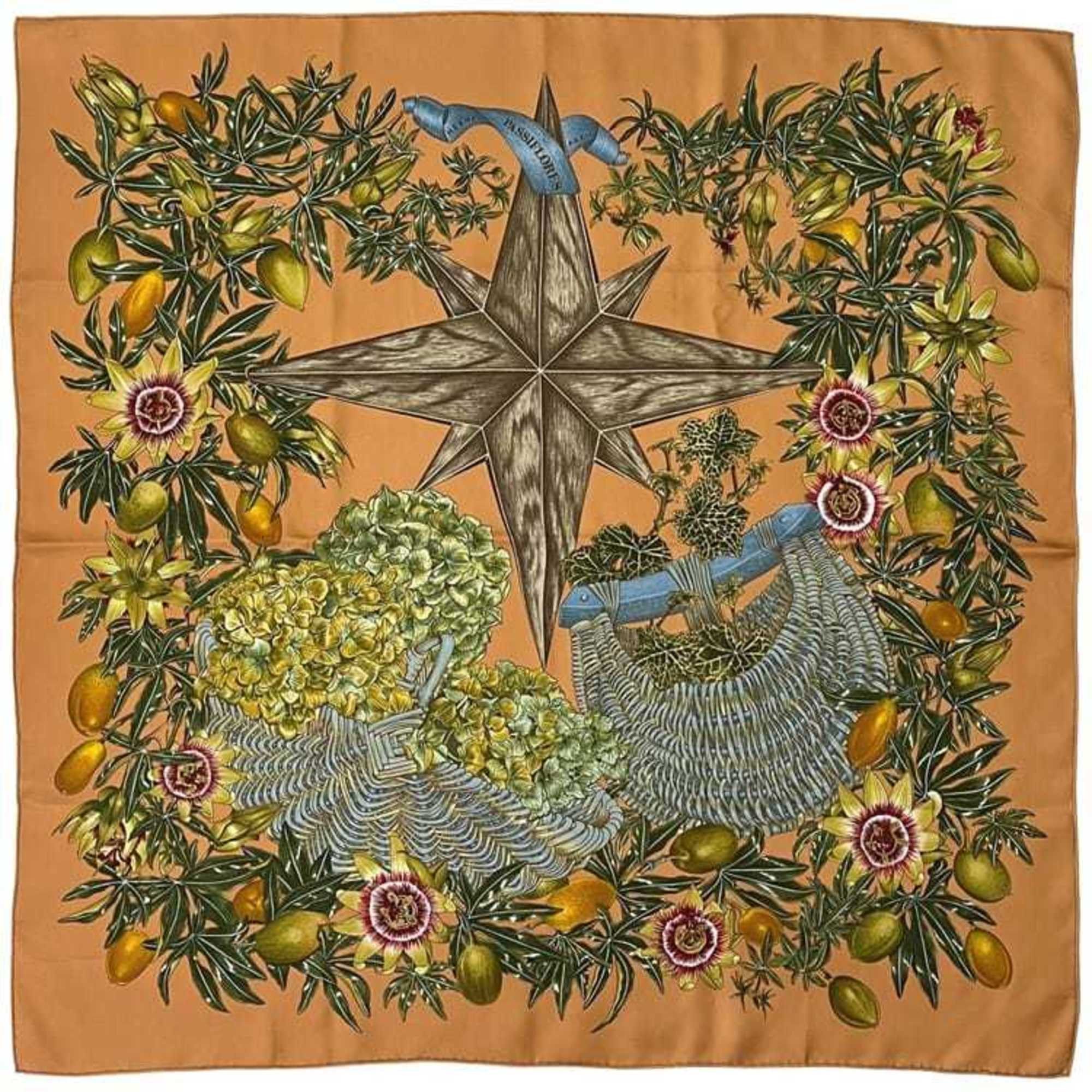 Hermes Hermes Hermès Carré 90 Scarf (ec-24547) in Orange Beige. PASSIFLORES. 100% Silk. Passion Fruit. Large. Available for Men and Women. Size ONE SIZE - 1 Thumbnail
