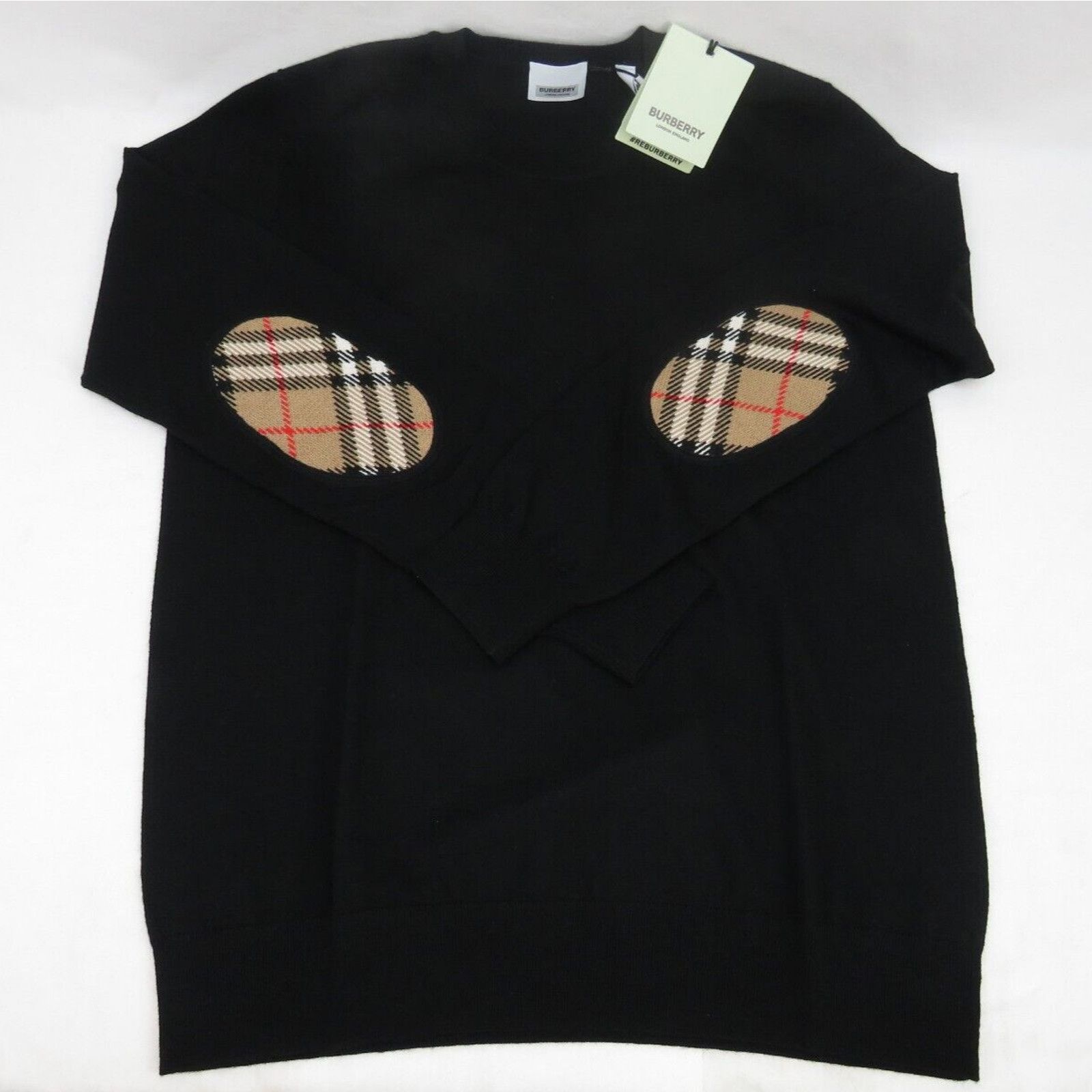 Burberry BEMPTON BLACK WOOL ELBOW CHECK PATCHES PULLOVER SWEATER S Size S / US 4 / IT 40 - 6 Thumbnail