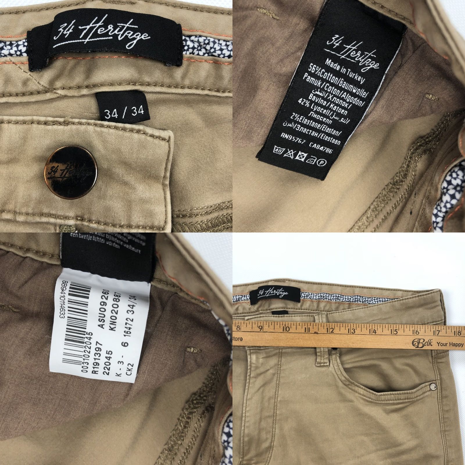 Vintage 34 Heritage Slim Fit Chino Pants 34x34 Khaki Cotton Blend Stretch 5-Pocket Men’s Size US 34 / EU 50 - 8 Thumbnail
