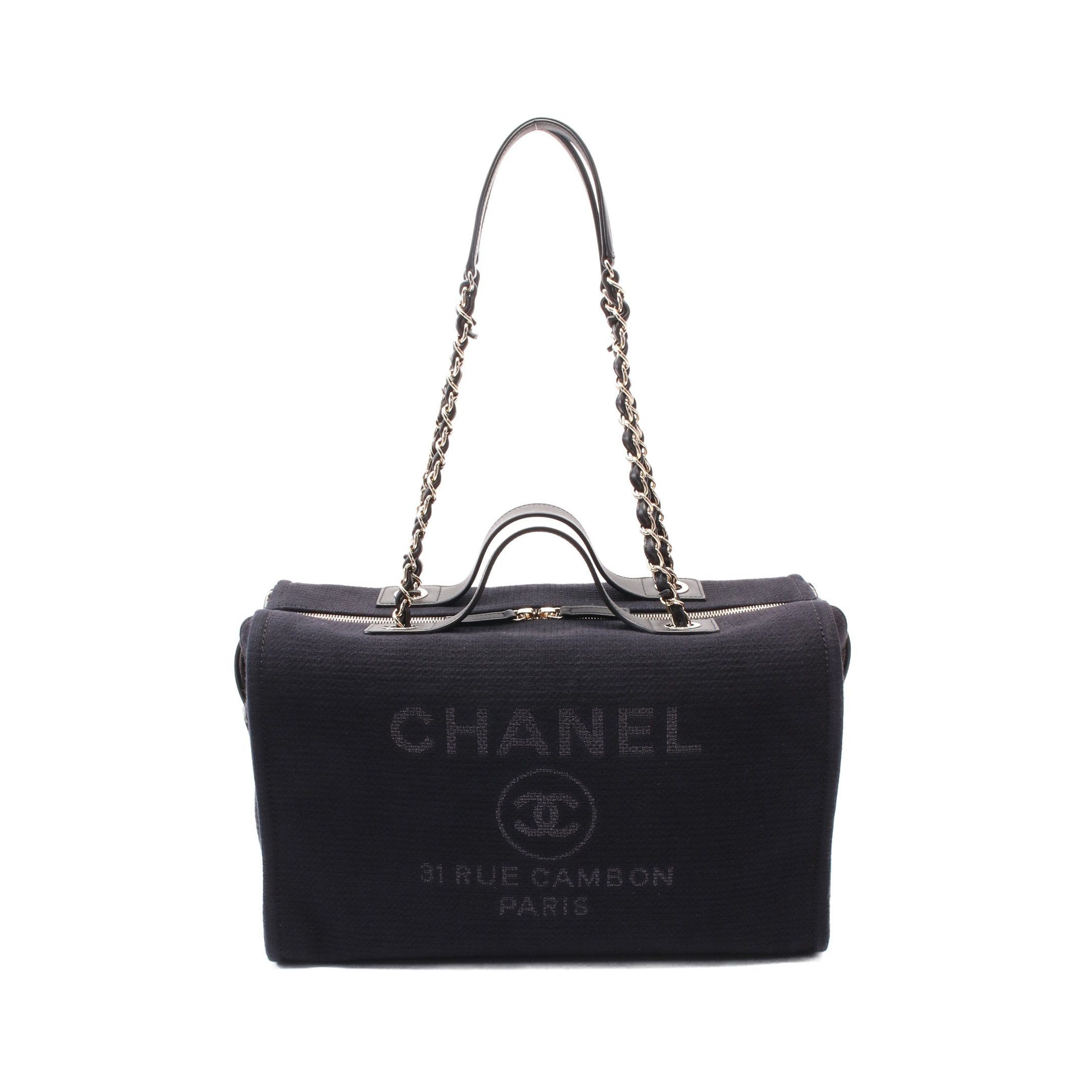 Chanel Deauville Boston Bag Chain Shoulder Canvas Leather Navy Gold Hardware in Blue, Women's