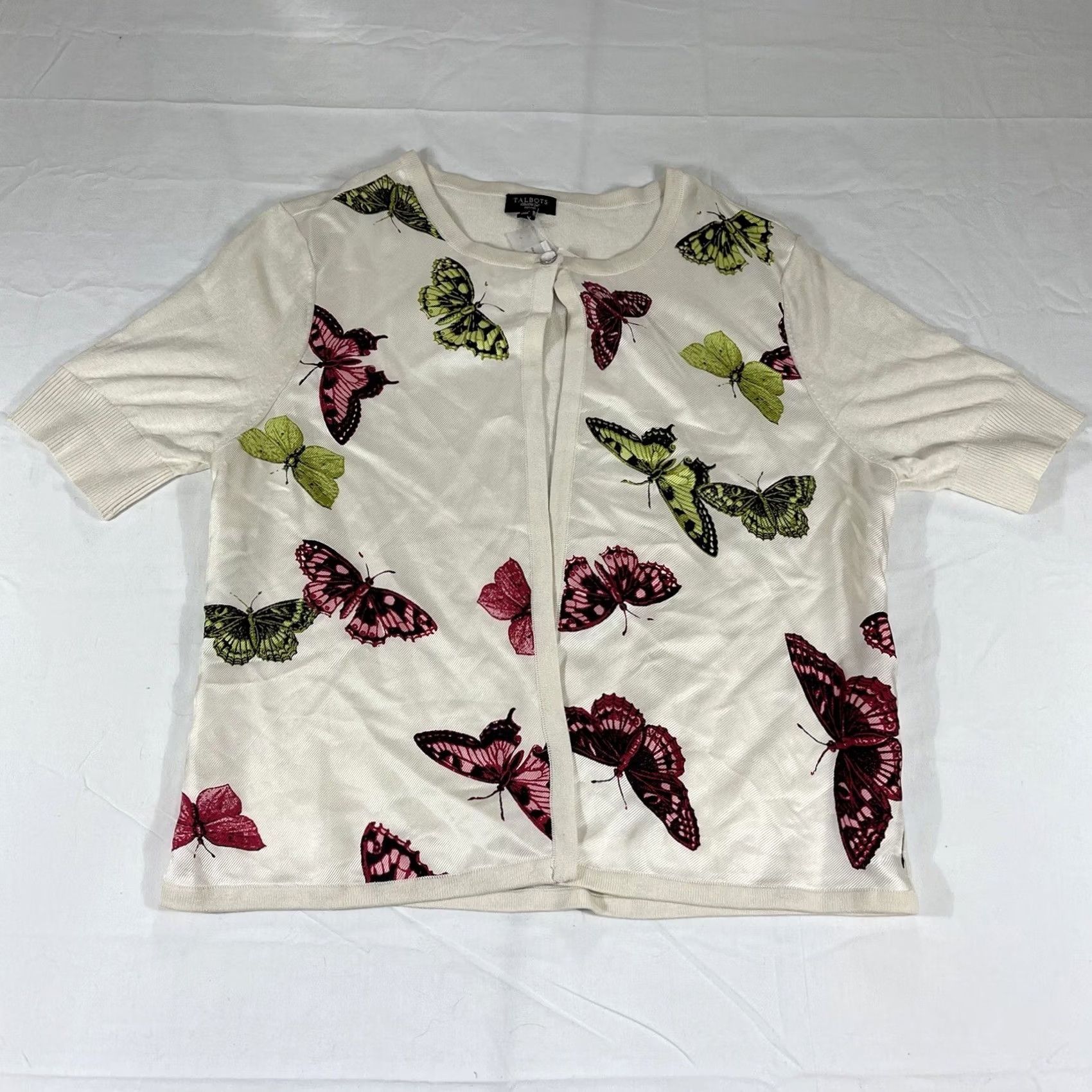 Talbots Talbots Silk-Blend Cardigan Women Petites M Ivory Butterfly Knit Lightweight Zip" Size M / US 6-8 / IT 42-44 - 2 Thumbnail