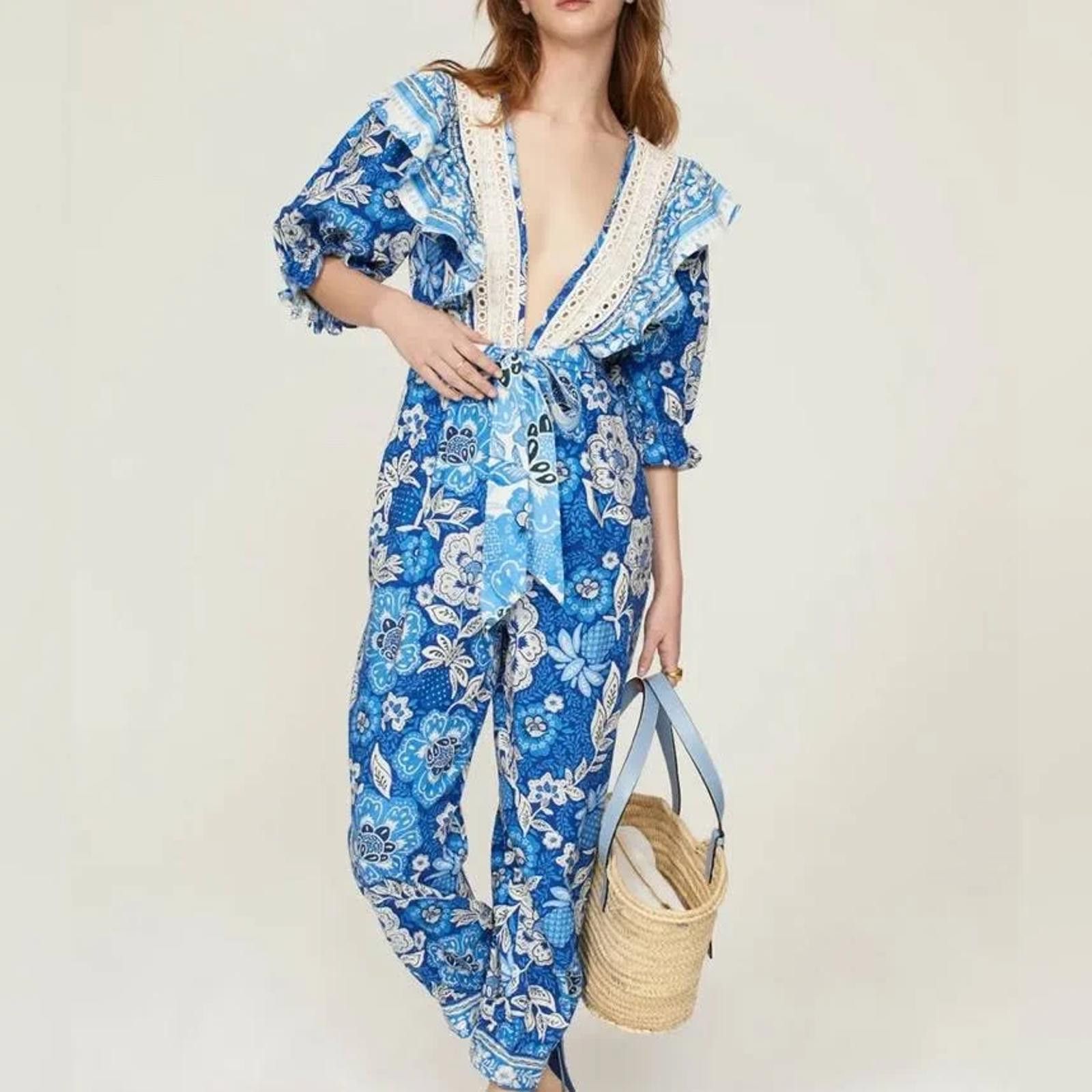 Farm Rio FARM Rio Full of Flowers Blue Floral Lace Jumpsuit M Boho Size 32" / US 10 / IT 46 - 1 Thumbnail