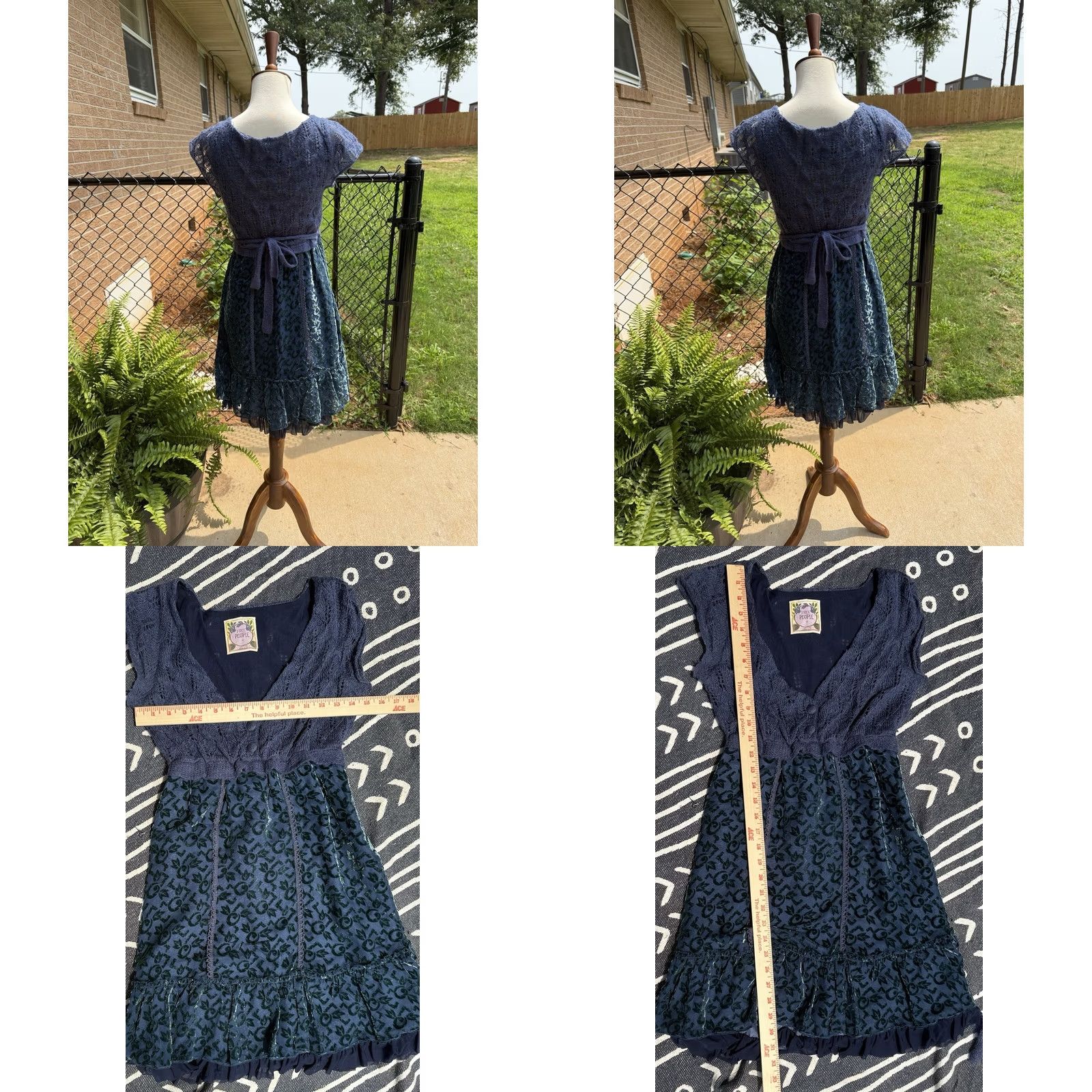 Free People VINTAGE Free People Knit Upper Velvet Lace Blue Green Dress Knee Length Short Sleeve 4 Womens Fit & Flare Blue, Green Velvet Lace Knit Pattern Leaf Size S / US 4 / IT 40 - 8 Thumbnail