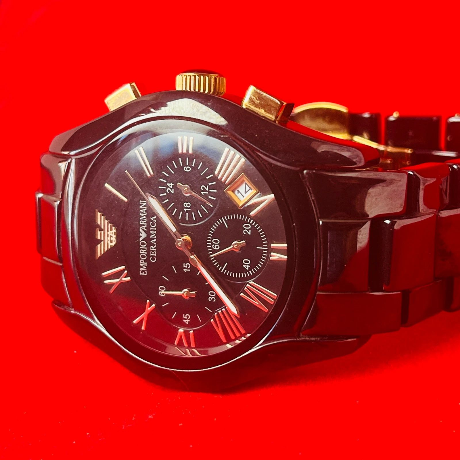 Emporio Armani Ceramica Men's Watch Ar1410 Chronograph Gold in Black
