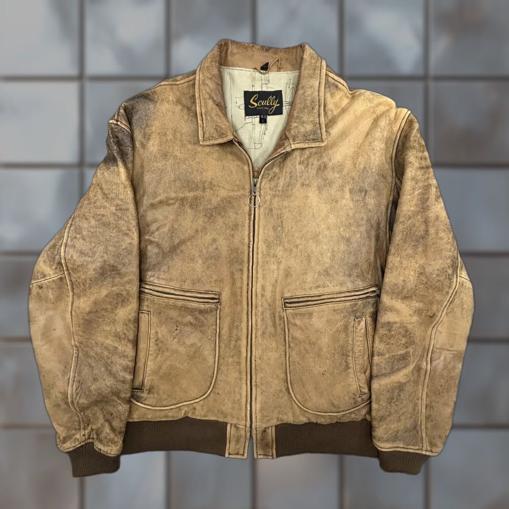 Scully VINTAGE Scully Leather Jacket Mens L Bomber Jacket 90s Army Brown Patina Full Zip Lined Casual Mens Size US L / EU 52-54 / 3 - 1 Thumbnail